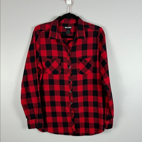 Hot Topic Plaid Spine Back Woven Button-Up Long Sleeve Shirt Large Red Black - Picture 2 of 12